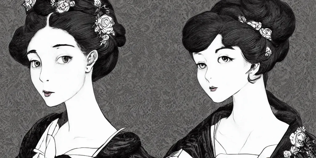 Image similar to Portrait a woman in Victorian clothing, Art by Yana Toboso, manga, black and white, japanese ink, high contrast, digital art