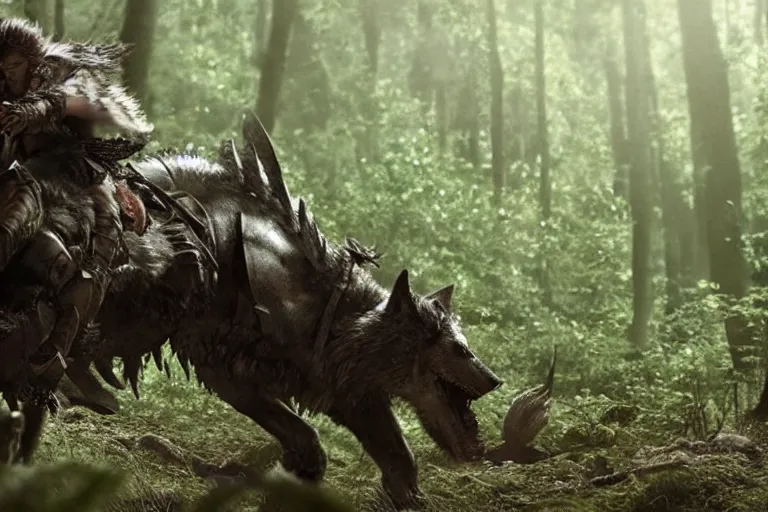 Image similar to vfx movie closeup detailed ancient armored warrior orc hunting riding large wolf in the forest, natural lighting by emmanuel lubezki