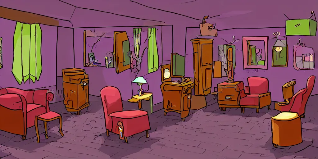 Prompt: a dimly lit, theater dressing room, with a mirror, a chair, a couch, day of the tentacle style, drawn by Peter Chan