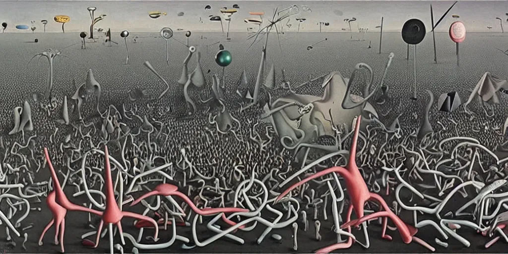 Prompt: disease decimating a global population, animals ruling the world, detailed surrealist painting by yves tanguy