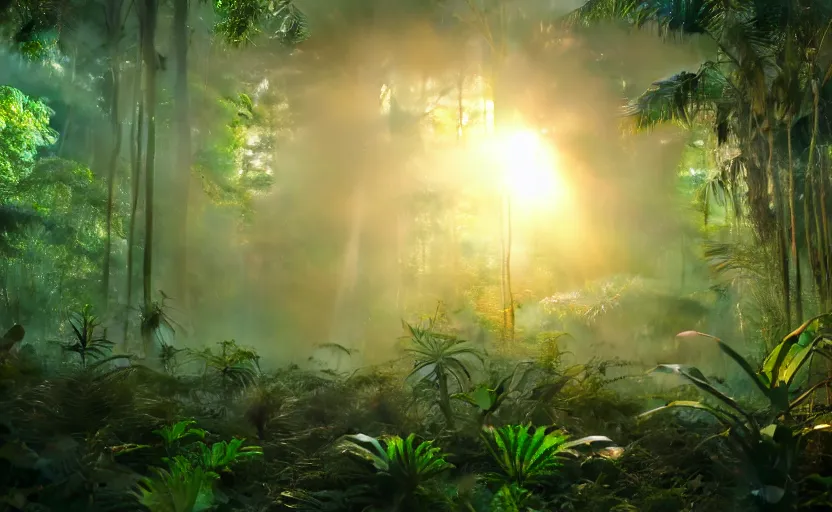 Image similar to a beautiful render of a dark prehistoric rainforest, lush flora, insects flying around, patches of green - orange sky, intricate detail, god rays, hazy, humid, volumetric lighting, 8 k, photorealistic, raytracing effects, unreal engine 5