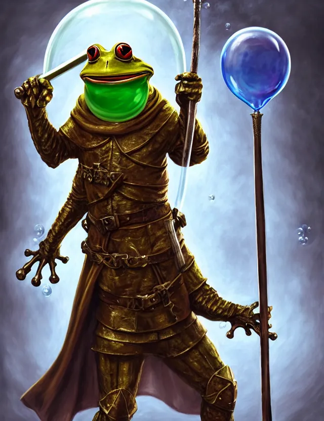 Image similar to anthropomorphic bipedal frog that is dressed as a medieval fighter, and wielding a club weapon, as a matte oil painting and d & d character art, by alex grey, standing, fullbody, floating bubbles, fog, mystic, concept art, award - winning, extremely detailed, sharp focus