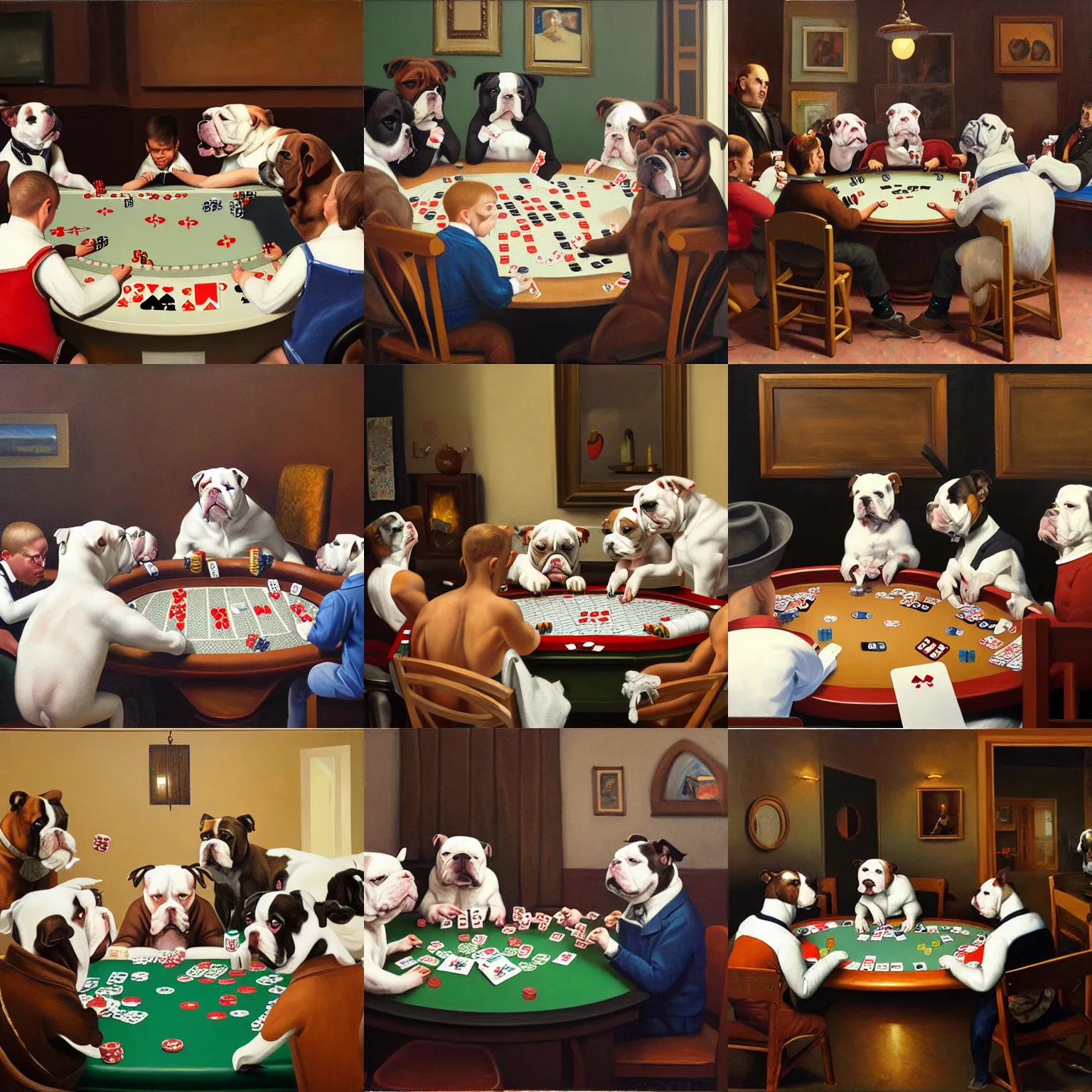 Prompt: American Bulldogs playing poker, oil on canvas by Agasse, trending on artstation