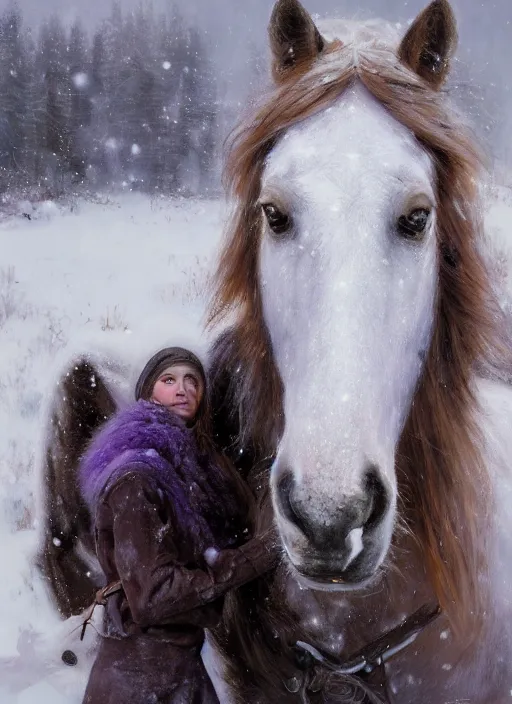 Prompt: portrait of a nordic girl with violet eyes and her horse in a snowy tundra. by Daniel F. Gerhartz, hyperrealistic oil painting, 4k, very detailed faces, studio lightning