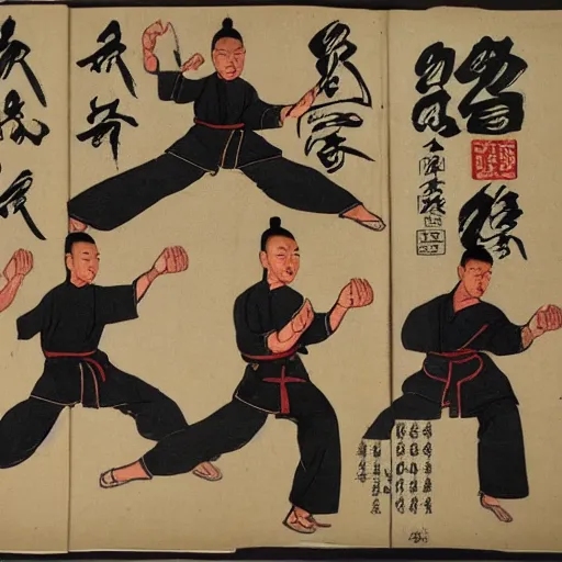 Image similar to ancient kung fu posture manual in the style of the huang di nei jing, old worn paper, detailed illustrations, chinese text