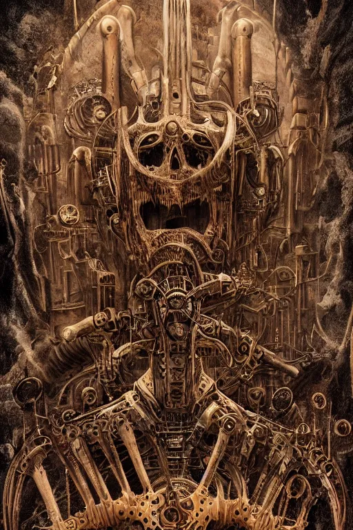 Image similar to Moloch, whose mind is pure machinery, eerie, sinister, horror, illustrated by Anne Stokes and H R Giger and Adrian Borda, super detailed, 4k, 8k