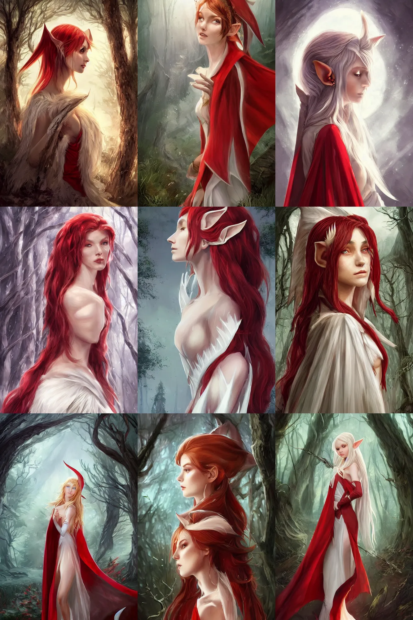 Prompt: side portrait!!! headshot high-fantasy elf girl with detailed pointed sharp long ears, translucent off-white gown and red cloak, fantasy forest landscape, moonshine, fantasy magic, feathery red hair, dark light night, intricate, elegant, sharp focus, illustration, highly detailed, digital painting, concept art, matte, art by WLOP and Artgerm and Greg Rutkowski and Alphonse Mucha, masterpiece