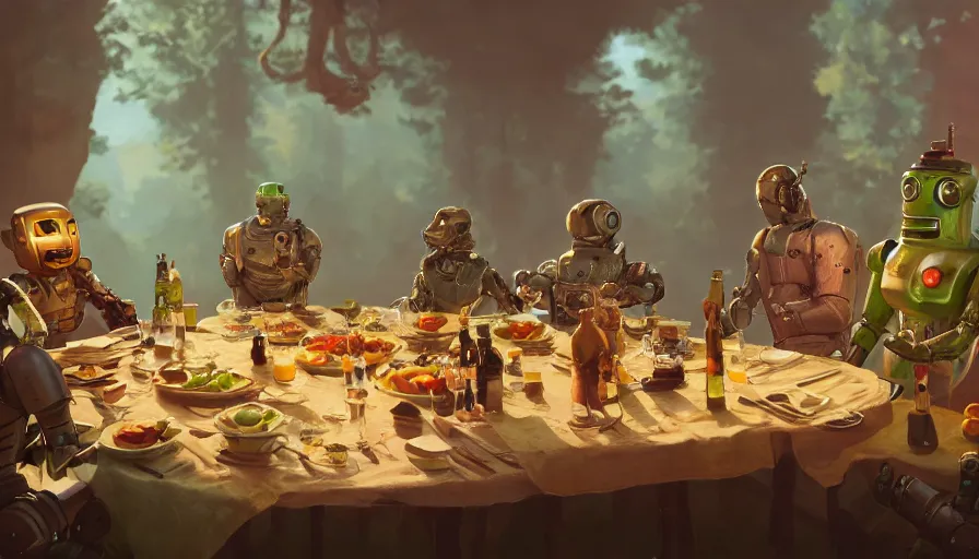 Image similar to a table dinner of android robots where robots are dressed like the characters from the midsommar movie, realistic detailed digital art by maxwell boas jessica rossier christian dimitrov anton fadeev trending on artstation cgsociety rendered in unreal engine 4 k hq