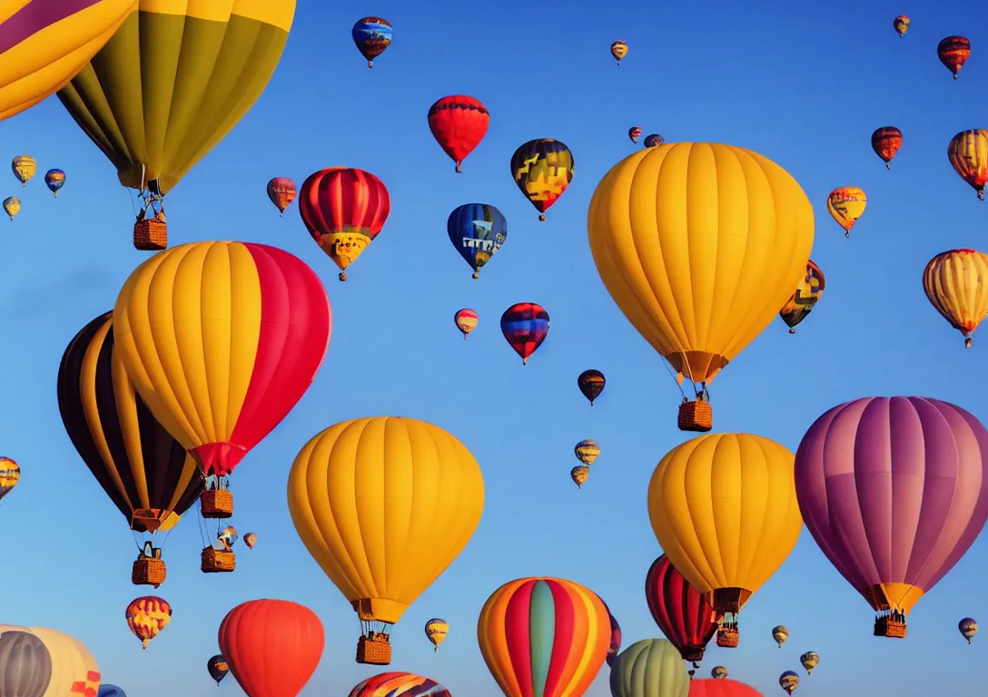 Image similar to beautiful hyper realistic photo of sky with colorful hot air balloons, 28mm wide angle photo, photo realistic image, 4K, super detailed, golden hour look