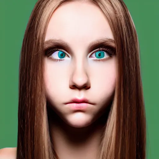 Prompt: brunette with dyed blonde hair, 18 years old, 155 cm tall, flat ironed hair, green big eyes, small nose, small mouth, round shaped face, big forehead, lop eared, full body shot, thin eyebrows, real life photograph