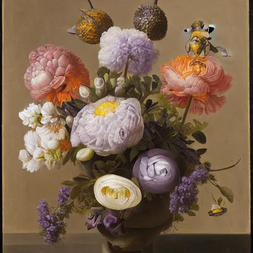 Image similar to still - life of bouquet of lilac and ranunculus with honeycomb bees and birds feathers, rachel ruysch, dark, moody