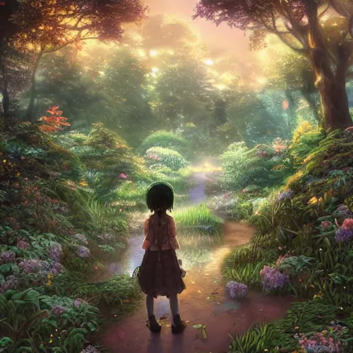 Image similar to the aesthetic view of the beautiful, grand, wistful, dreamy hidden forest at dusk, hyperrealistic anime illustration by iralki nadar, colorful, extremely detailed, intricate linework, super sharp focus, bright colors, octopath traveler, studio ghibli, unreal engine 5 highly rendered, global illumination, radiant light, detailed and intricate environment