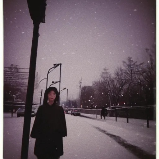 Prompt: polaroid of a young japanese woman on a snowy night, street lights