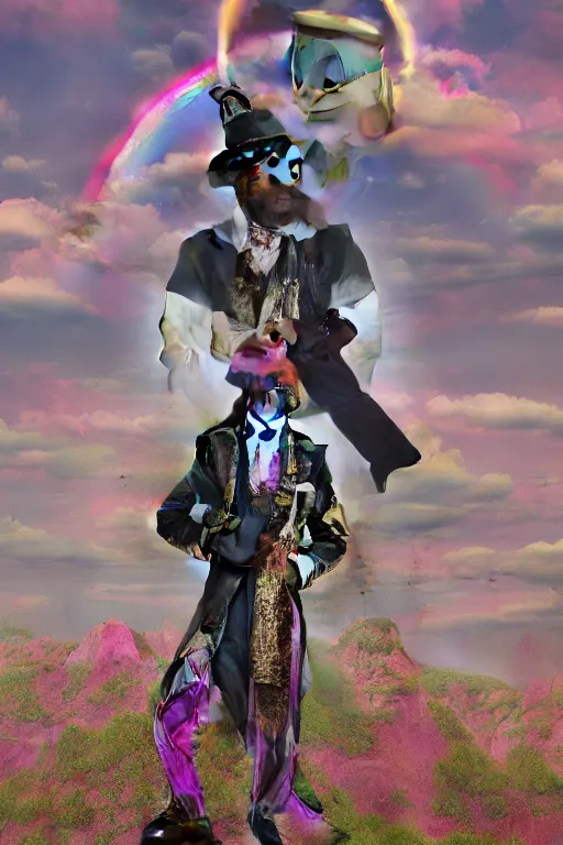 Prompt: Ethereal safari landscape with a pink rainbow sky under a god moonstone, black leather and embroidered Lolita dapper bespoke avant-garde tuxedo in velvet, black and gold rich color, dramatic cinematic lighting, featured on Artstation, extremely detailed by Lisa Frank