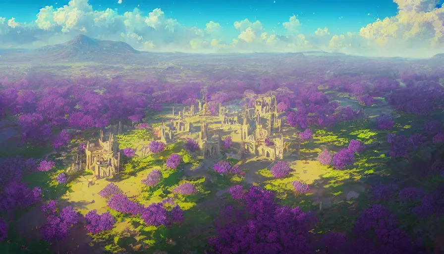 Prompt: landscape painting overhead view of violet evergarden facing away standing on a distant colorful flower hill, behind it a distant old european city leiden, ocean, sunshine, fantasy, intricate, elegant, highly detailed, digital painting, artstation, blender, unreal engine 5, octane render, smooth, sharp focus, illustration, by Anton Fadeev and Philipp A. Urlich and greg rutkowski