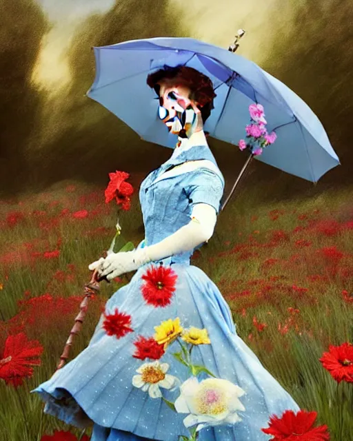 Prompt: Julie Andrews Mary Poppins from Disney 1964 dancing in a field full of flowers, D&D, fantasy, intricate, elegant, highly detailed, digital painting, artstation, concept art, matte, sharp focus, illustration, hearthstone, art by Artgerm and Greg Rutkowski and Alphonse Mucha