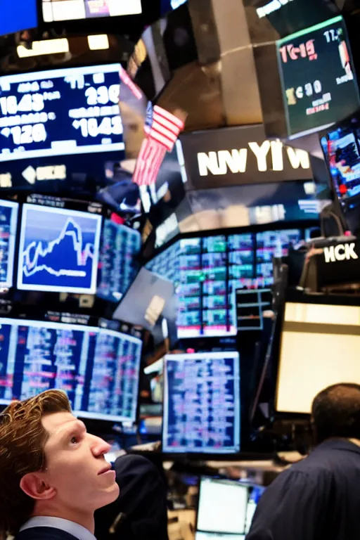 Image similar to tom holland rings the opening bell at the new york stock exchange trading floor, 3 5 mm photography, highly detailed, cinematic lighting, 4 k