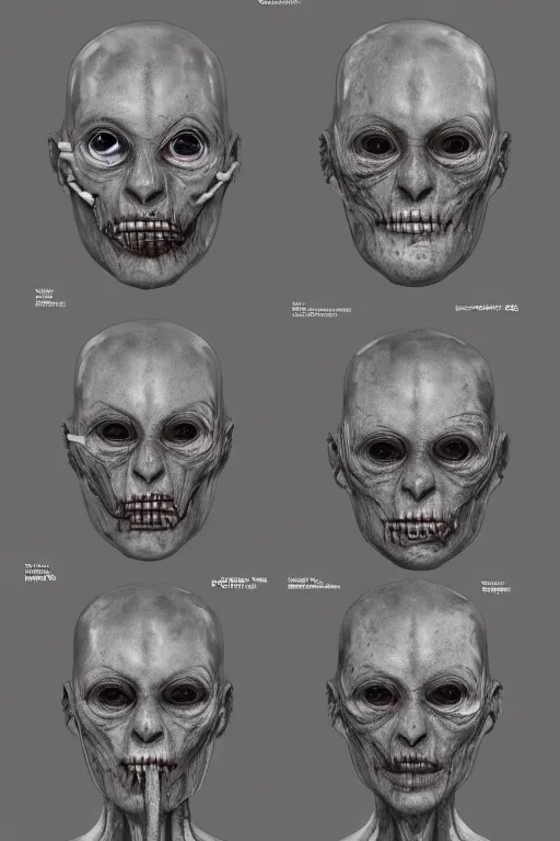 Prompt: facial anatomy with gunmetal grey skin, medical anatomy, very symmetrical face, highly detailed, three - perspective / three - view reference sheet ( front / back / side ), in the style of dan ouellette, steven jung, amanda lilleston, hr giger, sil from species, dren from splice, mecha, artstation, unreal engine