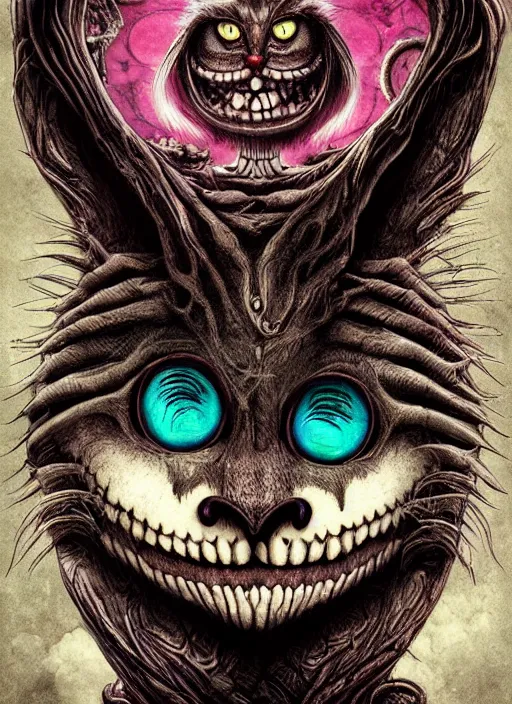 Prompt: cheshire cat the magician tarot card, highly detailed, half skull face, cinematic, 8 k, bymegan duncanson, benjamin lacombe, naoto hattori, adrian borda, giger, trending on deviantart, hyper detailed, horror, full of colour