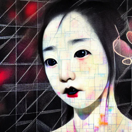 Prompt: yoshitaka amano blurred and dreamy realistic three quarter angle portrait of a young japanese woman with black lipstick and black eyes wearing dress suit with tie, junji ito abstract patterns in the background, satoshi kon anime, noisy film grain effect, highly detailed, renaissance oil painting, weird portrait angle, blurred lost edges