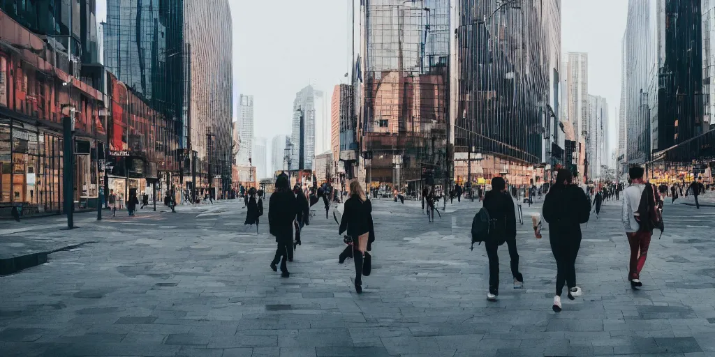 Image similar to three people are walking in the city, wide - shot, professional color photograph