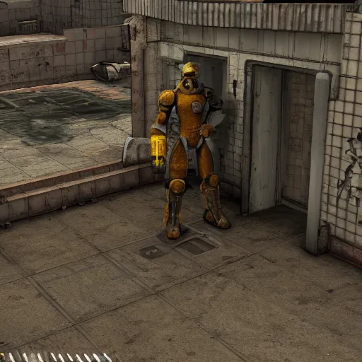 Image similar to fallout enclave fighter in power armor with a minigun in his hands stands next to the entrance to the fallout shelter, camera view isometric, post - apocalyptic, 3 d prerender, realism