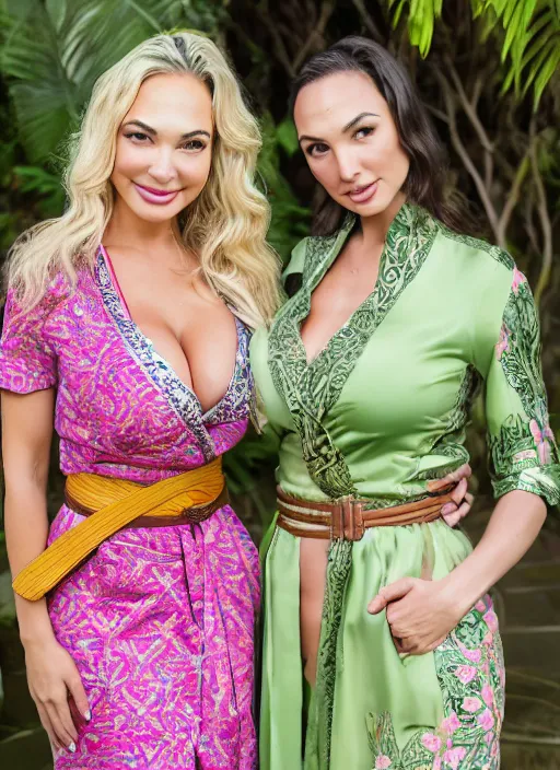 Image similar to portrait of lindsey pelas and gal gadot wearing green kebaya with batik skirt and pink silk belt, bali, by charlotte grimm, natural light, detailed face, beautiful features, symmetrical, canon eos c 3 0 0, ƒ 1. 8, 3 5 mm, 8 k, medium - format print, half body shot