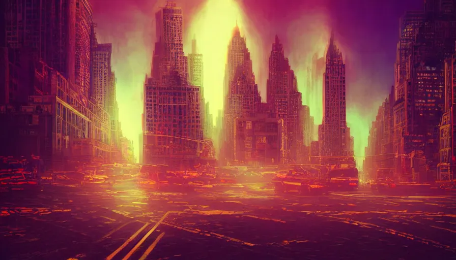 Prompt: a retrowave style artwork of new york, a land of the dead, divine, hazy, volumetric lighting, spacetime bending, very detailed, serene, gold accents, washed out colors, beautiful artwork, master level composition, raytracing