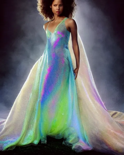 Image similar to annie leibovitz style photoshoot editorial of gugu mbatha - raw as sue storm of the fantastic four, wearing a beautiful iridescent shimmering wedding dress made out of particle effects, force field soap like bubble, hyperreal, magical, translucent, iridescent, shimmering wedding dress