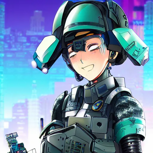 Prompt: anime manga key visual dark 3d official media ad campaign portrait of cute synthwave vaporwave armored soldier girl smiling at the camera in city technoir giger
