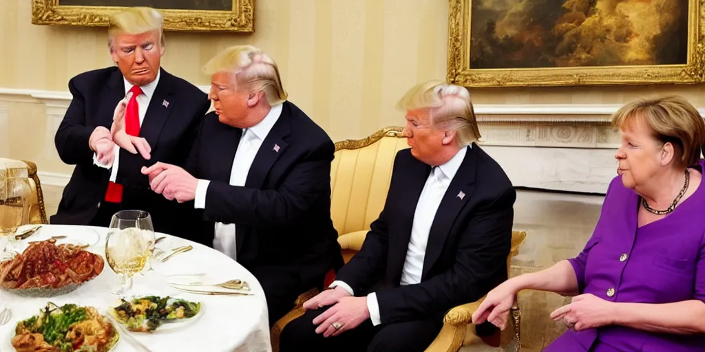 Image similar to donald trump having romantic dinner with angela merkel, romantic, moonlight background