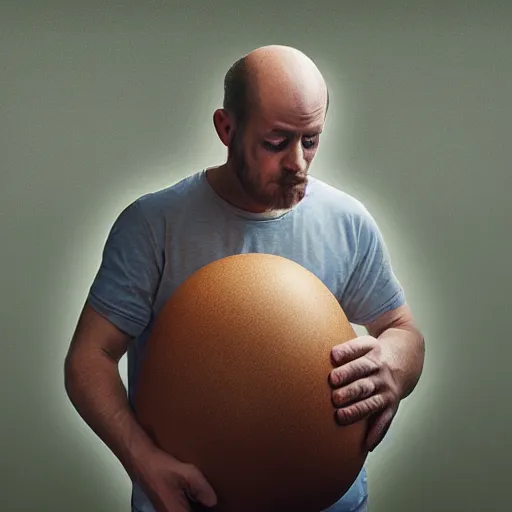 Image similar to man cries while holding giant egg sitting on the kitchen floor at night, painting, somber, moody lighting