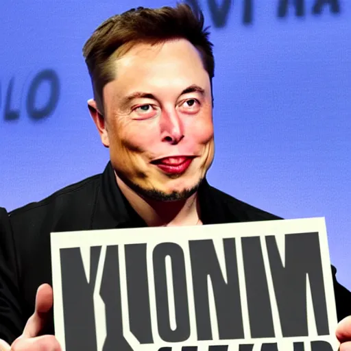 Prompt: a medium shot photograph of elon musk holding a sign with the word soon soon soon soon on it, 4k, ultra HD