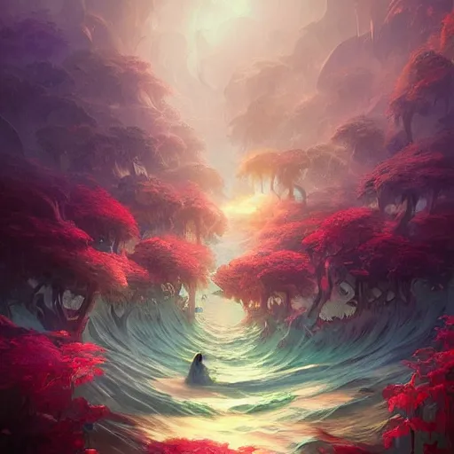 Image similar to i am attracting beautiful souls into my life 🌊✨🌸🌿, 8 k resolution detailed fantasy art, asymmetrical composition, anato finnstark marc simonetti lisa frank zbrush central gloomy midnight.