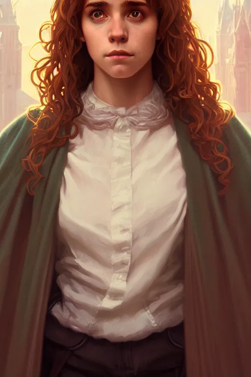 Prompt: a portrait of hermione granger, fantasy, sharp focus, intricate, elegant, digital painting, artstation, matte, highly detailed, concept art, illustration, ambient lighting, art by ilya kuvshinov, artgerm, alphonse mucha, and greg rutkowski