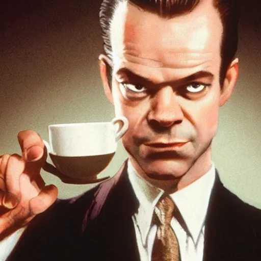 Image similar to agent smith holding a small steaming china cup of tea, romanticism style, detailed facial proportions