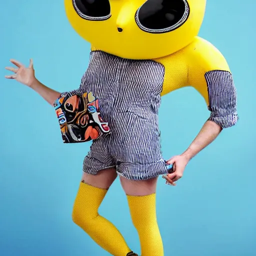 Image similar to a full body banana with legs and arms wearing an emma stone mask