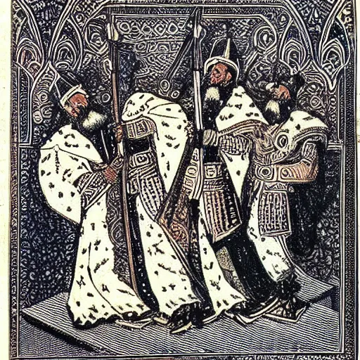 Image similar to propaganda image of 3 persian knights on top of a pile of ruble, illustration, beautiful