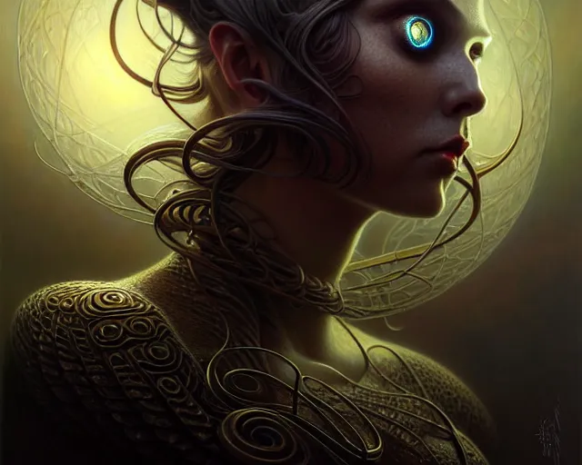 Image similar to mid angle shot of a beautiful female creature by HP lovecraft , glowing eyes , intricate, elegant, highly detailed, centered, digital painting, artstation, concept art, smooth, sharp focus, illustration, artgerm, Tomasz Alen Kopera, Peter Mohrbacher donato giancola, Joseph Christian Leyendecker, WLOP, Boris Vallejo ,