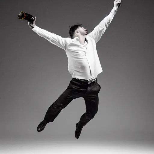 Prompt: a portrait of a man boisterously dancing around the room by himself holding an empty wine bottle as he jumps in the air, detailed facial expression, fine detail, dramatic lighting, award-winning photo UHD, 4K