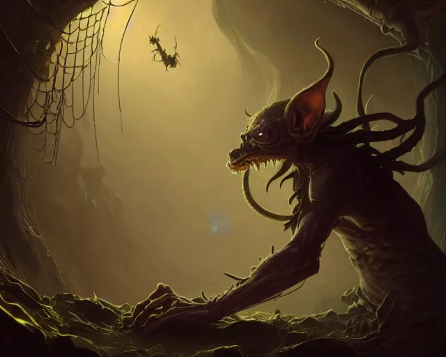 Image similar to a 4 k cinematic screenshot still portrait of a goblin in a dark liminal space room surrounded by spider webs, deep focus, d & d, fantasy, intricate, elegant, highly detailed, digital painting, art station, concept art, matte, sharp focus, illustration, dark fantasy style art, hearthstone, art by artgerm and greg rutkowski and alphonse mucha