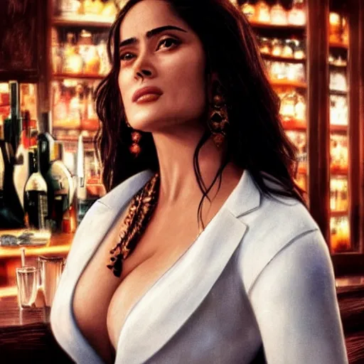Prompt: salma hayek in a bar, perfect eyes looking at the camera, beautiful face, real life colors, elegant, sharp focus, hyper - realistic, 4 k, highly detailed, hd, dramatic lighting by brom