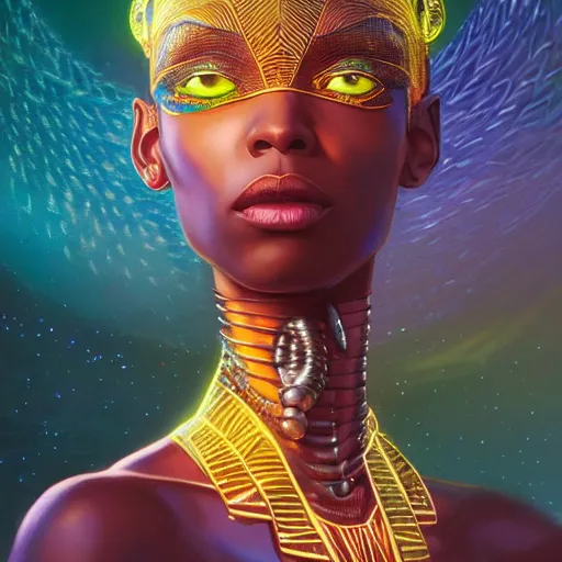 Image similar to highly detailed portrait of an african neon egyptian goddess, intricate alien technology, stephen bliss, unreal engine, fantasy art by greg rutkowski, loish, rhads, ferdinand knab, makoto shinkai and lois van baarle, ilya kuvshinov, rossdraws, tom bagshaw, global illumination, radiant light, detailed and intricate environment