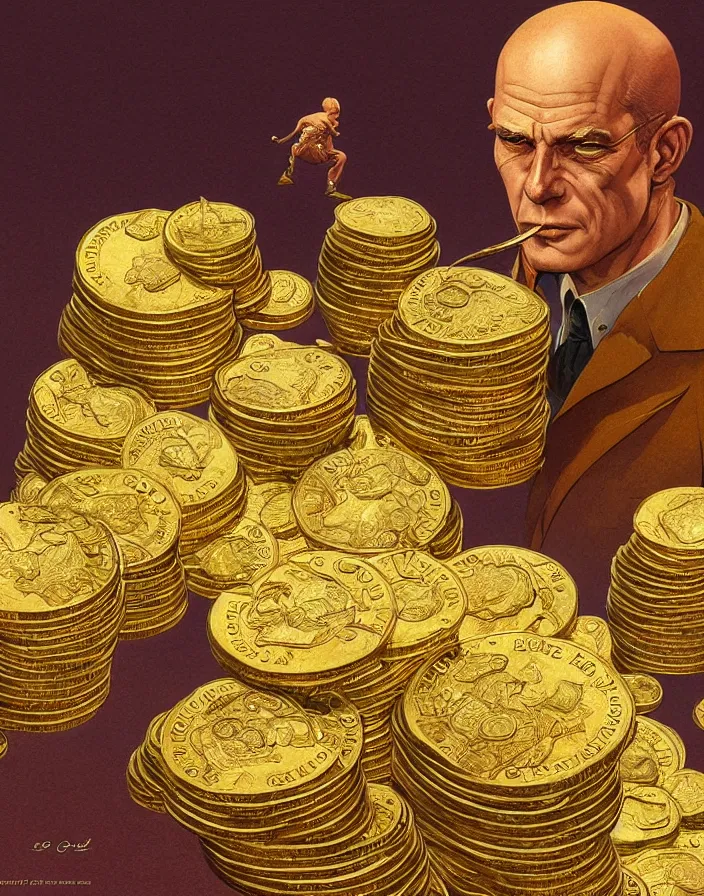 Image similar to dolar bill and gold coins from 50's, highly detailed, digital painting, concept art by Moebius Jean Giraud, sharp focus, illustration, art by Moebius Jean Giraud, Grafit Studio, and Greg Rutkowski and Craig Mullins