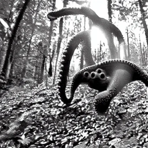 Image similar to disturbing footage of a octopus bear hybrid cryptid spotted at night, trailcam footage, low quality night camera