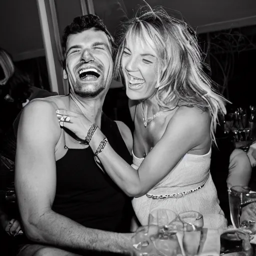 Image similar to jami heinaman laughing with adam saveage by a party candid shot