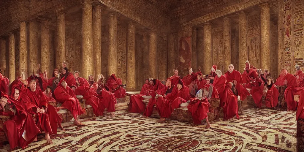 Image similar to beautiful oil matte portrait painting, ancient senators in red and white robes sit in tribunes, egyptian mosaic background, highly detailed, beautiful cinematic light deep focus, elegant, digital painting, smooth, sharp focus, golden ratio, dramatic illumination, art by aleksi briclot, rutkowski and caravaggio