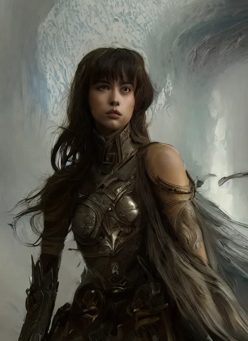 Image similar to a professional portrait of a beautiful young female, clothed in ethereal battle armor, olive skin, long dark hair, beautiful bone structure, symmetrical facial features, intricate, elegant, digital painting, concept art, smooth, sharp focus, finely detailed, illustration, from Valerian and the City of a Thousand Planets, in the style of Ruan Jia and Mandy Jurgens and Artgerm and Greg Rutkowski and William-Adolphe Bouguerea