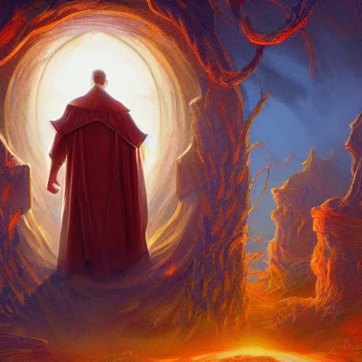 Prompt: to beholds of pentecostal time, a sad tale of a man going door to door, enchanted with magic, by the power of the mitochondria, by john harpkins, and noah bradley, trending on