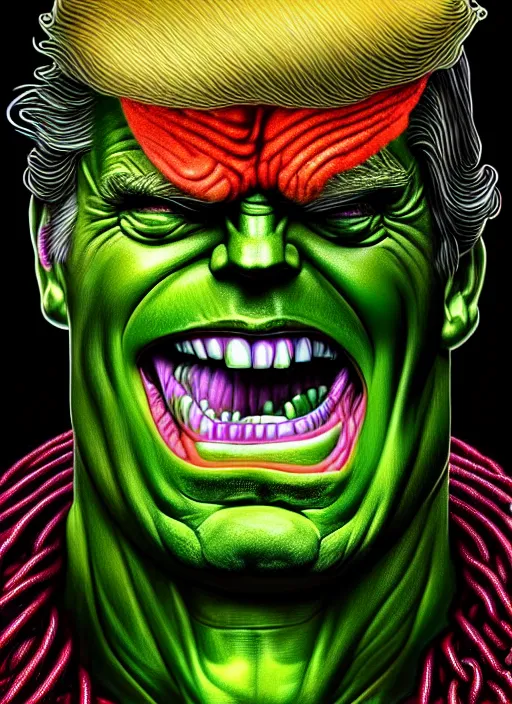 Prompt: portrait of donald trump as the hulk, hyperdetailed illustration by irakli nadar and alexandre ferra, volumetric lighting, celtic fantasy art, psychedelic, intricate, hyper detailed, smooth, vibrant aura, intricate linework, white porcelain skin, faberge, coral